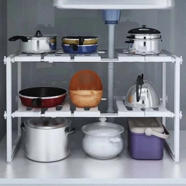 Регулируемая кухонная полка Kitchen Rack 38–70 см 2-ярусный органайзер под раковину Белая - изображение 4