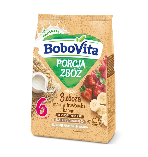 Каша молочна BoboVita Porcja Zbóż 3 злаки з малиною, полуницею та бананом, з 6 місяців - Фото 1 Каша молочна BoboVita Porcja Zbóż 3 злаки з малиною, полуницею та бананом, з 6 місяців - изображение 1