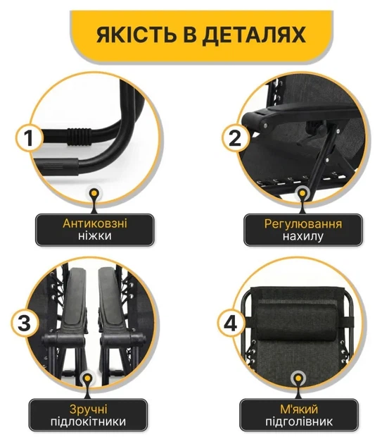 Комплект 2-а розкладні крісла-шезлонга + столик Zero Gravity LEOBRO Чорний (LB-ZGT-F3-BLK) (LEO_LB-ZGT-F3-BLK) - изображение 10