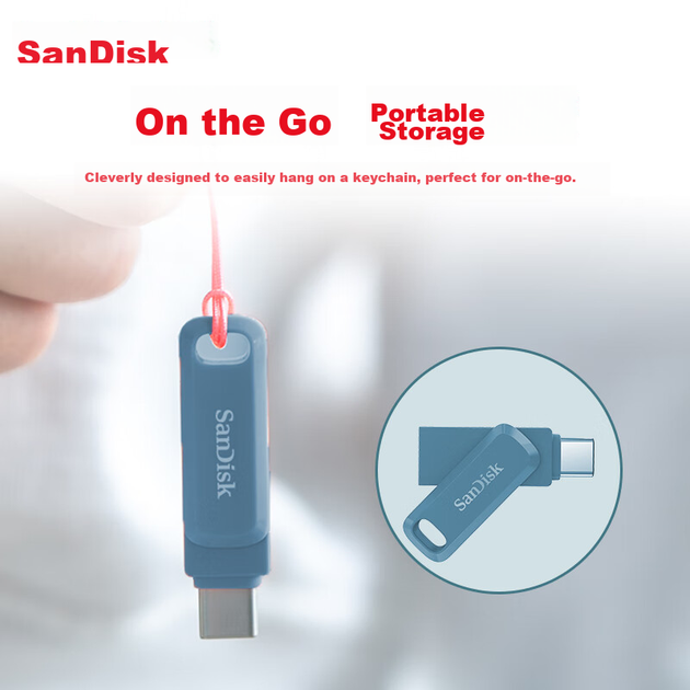 Флеш-накопитель SanDisk 128 ГБ Type-C USB3.2 Dual Drive DDC3 синего цвета, скорость чтения до 400 МБ/с, автоматическое резервное копирование, совместимость с телефонами и компьютерами, двухинтерфейсный накопитель большой емкости. - зображення 7