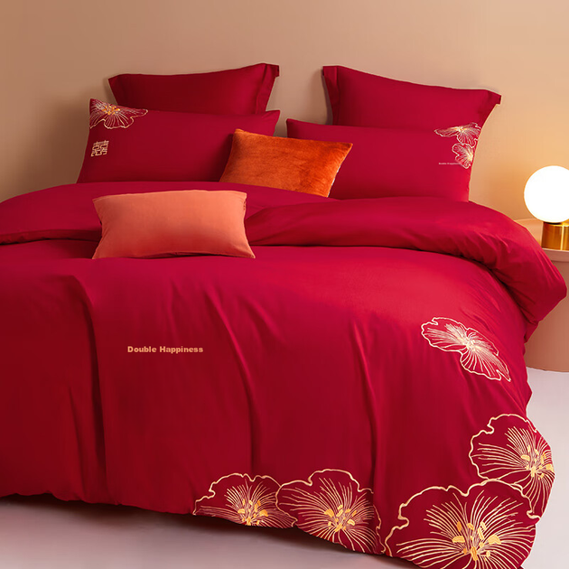 Комплект постельного белья BEYOND Home Textiles свадебный из хлопка 60 нитей с вышивкой, четыре предмета, красный, для кровати 1.5 м - изображение 6