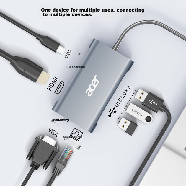 7-дюймовий розширювальний док-станційний USB-хаб Acer Type-C, порт HDMI/VGA/10 Gigabit Ethernet, сумісний з ноутбуками MacBook, адаптером-конвертером Huawei - зображення 4