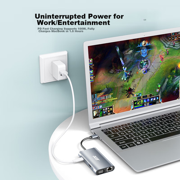 7-дюймовий розширювальний док-станційний USB-хаб Acer Type-C, порт HDMI/VGA/10 Gigabit Ethernet, сумісний з ноутбуками MacBook, адаптером-конвертером Huawei - зображення 8