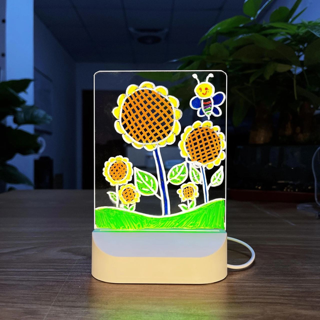 3D нічник світильник LED лампа прямокутний для малювання по акриловій пластині дитячий ігровий з підсвічуванням 7 кольорових фломастерів з серветкою від мережі подарунок дітям у подарунковій упаковці 17х11 см 3DTOYSLAMP - зображення 3