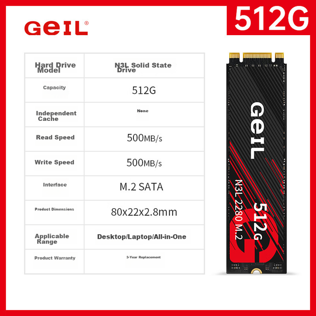 GEIL, Твердотільний накопичувач SSD 512 ГБ, протокол M.2 SATA, 2280 NGFF, для настільних комп'ютерів та ноутбуків, високошвидкісний 500 Мбіт/с, серія N3L - изображение 4