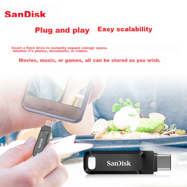 SanDisk 1TB Type-C USB3.2, мобильный флеш-накопитель DDC3 черного цвета, скорость чтения до 400 МБ/с, автоматическое резервное копирование, двойное использование: для телефона и компьютера, большая емкость, два интерфейса. - изображение 5