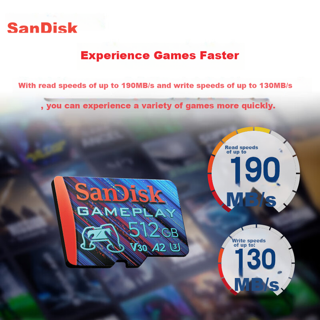 Карта памяти SanDisk TF 512 ГБ A2 U3 V30 4K для игр, скорость чтения 190 МБ/с, скорость записи 130 МБ/с, без задержек, подходит для игровых консолей и портативных устройств. - зображення 5