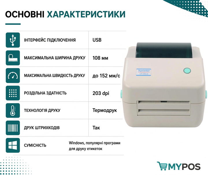 Принтер этикеток Xprinter XP-450B USB 108 мм, термопринтер для печати этикеток, наклеек и штрих-кодов, 203 dpi, до 152 мм/с - изображение 3