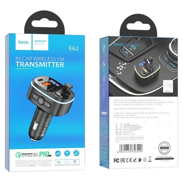 АЗП з Bluetooth FM-трансмітером HOCO E62 Fast PD20W+QC3.0 car BT FM transmitter Black (KST-6931474756299) - изображение 8