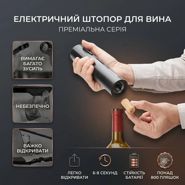 Електричний штопор для вина акумуляторний з ножем для фольги та LED-підсвіткою, USB зарядка, чорний - зображення 5