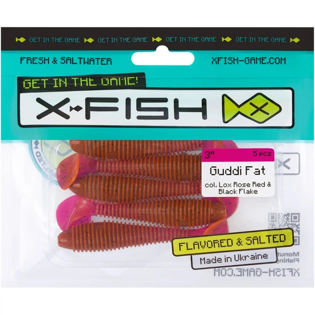 Силікон X-Fish Guddi Fat 3" Lox Rose Red & Black Flake (5шт/уп) - Фото 2 Силікон X-Fish Guddi Fat 3" Lox Rose Red & Black Flake (5шт/уп) - зображення 2