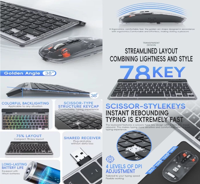 Беспроводной комплект клавиатура и мышь Cyberpunk Style бесшумный набор Bluetooth/2.4 ГГц с RGB-подсветкой Black - Фото 13 Беспроводной комплект клавиатура и мышь Cyberpunk Style бесшумный набор Bluetooth/2.4 ГГц с RGB-подсветкой Black - изображение 13