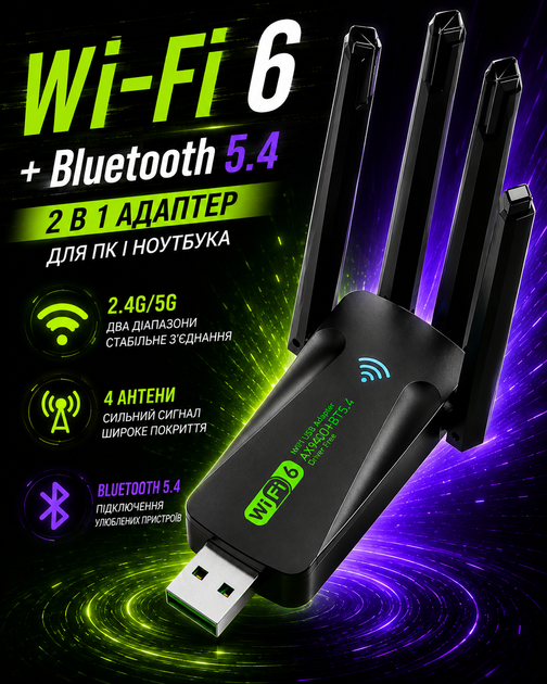 WiFi адаптер для ПК вайфай для ноутбука та комп'ютера Wi-Fi бездротовий модуль USB Bluetooth вай фай dual band 2.4/5GHz Wi Fi блютуз мережевий приймач з антеною ігровий вай-фай двохдіапазонний та швидкісний ресивер (AX9400) - Фото 1 WiFi адаптер для ПК вайфай для ноутбука та комп'ютера Wi-Fi бездротовий модуль USB Bluetooth вай фай dual band 2.4/5GHz Wi Fi блютуз мережевий приймач з антеною ігровий вай-фай двохдіапазонний та швидкісний ресивер (AX9400) - зображення 1