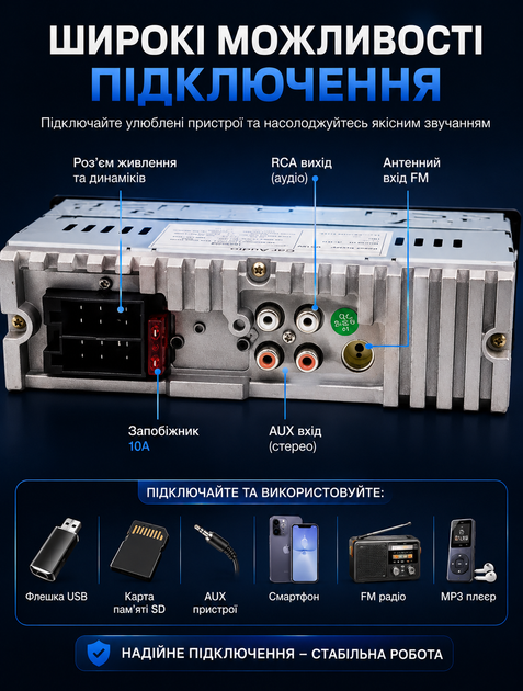 Автомагнитола 1DIN с Bluetooth для автомобиля MP3 воспроизведение 2 USB microSD AUX пульт ДУ 50 Вт 4 канала - изображение 3