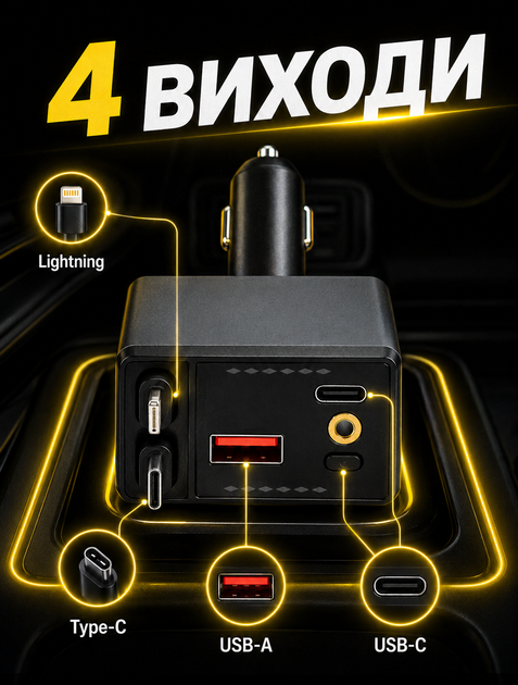 FM-трансмиттер 4 в 1 для автомобиля с супербыстрой зарядкой, Bluetooth и интегрированными кабелями USB, Type-C, Lightning - изображение 5