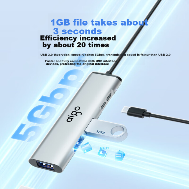 USB-хаб Aigo H02-AC Type-C на USB 3.0 металлический, кабель 0.25 м - изображение 5