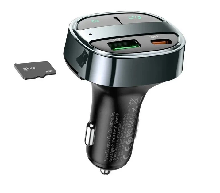 FM-модулятор автомобільний трансмітер з Bluetooth HOCO E70 Celebration Type-C PD 30W + USB QC 3.0 з швидкою зарядкою Чорний - зображення 3