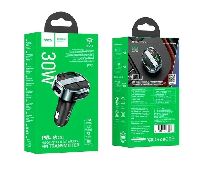 FM-модулятор автомобільний трансмітер з Bluetooth HOCO E70 Celebration Type-C PD 30W + USB QC 3.0 з швидкою зарядкою Чорний - зображення 4