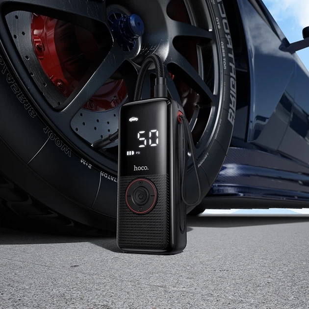 Автомобильный компрессор портативный беспроводной HOCO ZP18 Enlighten 4000mAh 10.3 Bar аккумуляторный насос для авто, мотоциклов, велосипедов с LED-дисплеем и фонариком Черный - изображение 7