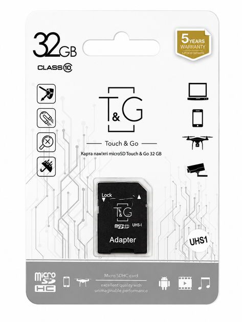 Карта пам'яті 32GB T&G Ckass 10 UHS-1 з адаптером, флеш карта для фото та відео, TG-32GBSD10U1-01 - Фото 1 Карта пам'яті 32GB T&G Ckass 10 UHS-1 з адаптером, флеш карта для фото та відео, TG-32GBSD10U1-01 - зображення 1