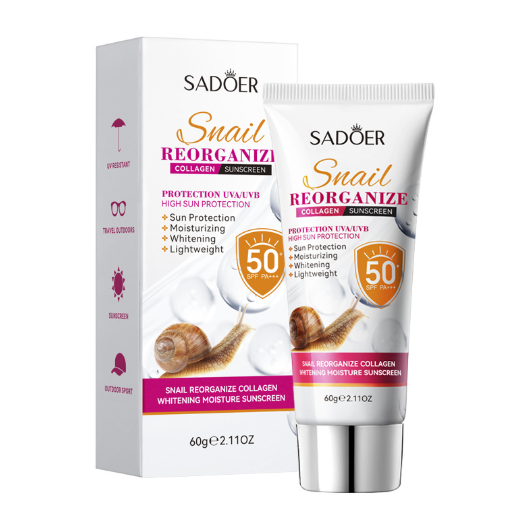 Солнцезащитный крем с муцином улитки и коллагеном SPF 50+, Sadoer - Фото 1 Солнцезащитный крем с муцином улитки и коллагеном SPF 50+, Sadoer - изображение 1