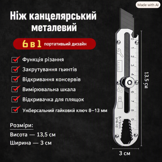 Універсальний канцелярський ніж металевий багатофункціональний 6 в 1 з лінійкою та гайковим ключем - изображение 2