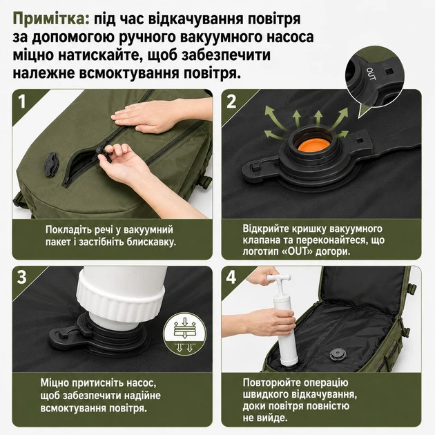 Рюкзак ручная кладь вакуумный 40×25×20 см с ручным насосом дорожный для путешествий самолётом лоукост Ryanair Wizz Air туристический водонепроницаемый прочный мужской женский хаки - изображение 9
