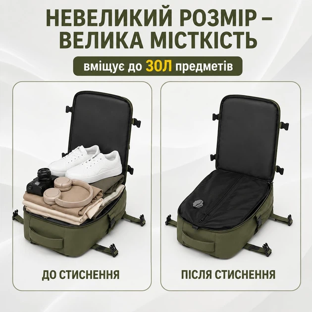 Рюкзак ручная кладь вакуумный 40×25×20 см с ручным насосом дорожный для путешествий самолётом лоукост Ryanair Wizz Air туристический водонепроницаемый прочный мужской женский хаки - изображение 14