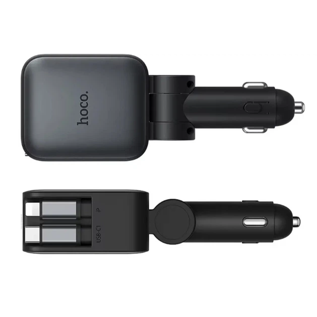 АЗУ Hoco Z67A Triunfar PD60W(1C1A)+Type-C/iP car charger with dual telescopic cable and digital display dark Black - изображение 4