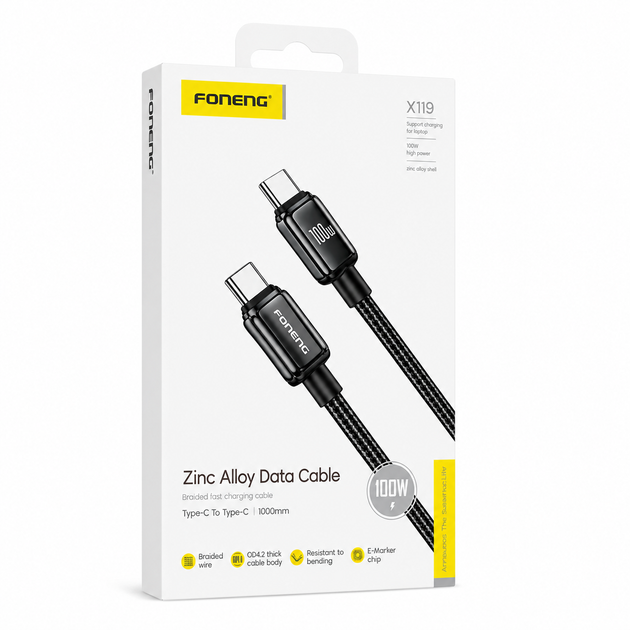 Кабель Foneng X119 USB Type-C to Type-C 100W 1 м Black для швидкої зарядки та передачі даних - Фото 2 Кабель Foneng X119 USB Type-C to Type-C 100W 1 м Black для швидкої зарядки та передачі даних - изображение 2