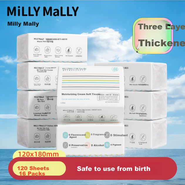 Бумажные салфетки Milly Molly Creamy Soft, 3-слойные, 120 листов * 16 упаковок. Увлажняющие бумажные полотенца для младенцев. Специально для мамы и малыша. - изображение 4