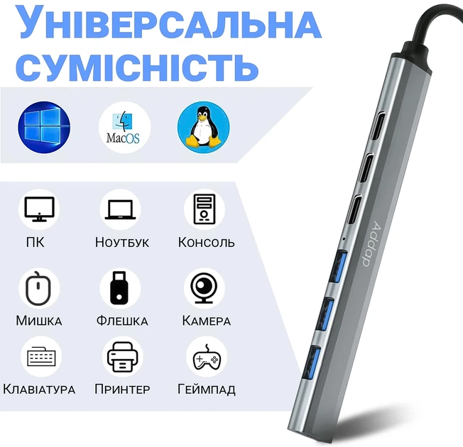 USB Type-C хаб Addap UH-04CS 7 портов USB-A 2.0/3.0, USB-C серый - изображение 8