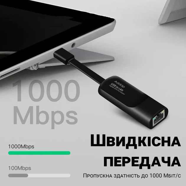 Внешній мережевий адаптер USB Type-C на LAN Addap UC2RJ45-02 1 Гбіт/с пластик чорний - Фото 2 Внешній мережевий адаптер USB Type-C на LAN Addap UC2RJ45-02 1 Гбіт/с пластик чорний - зображення 2