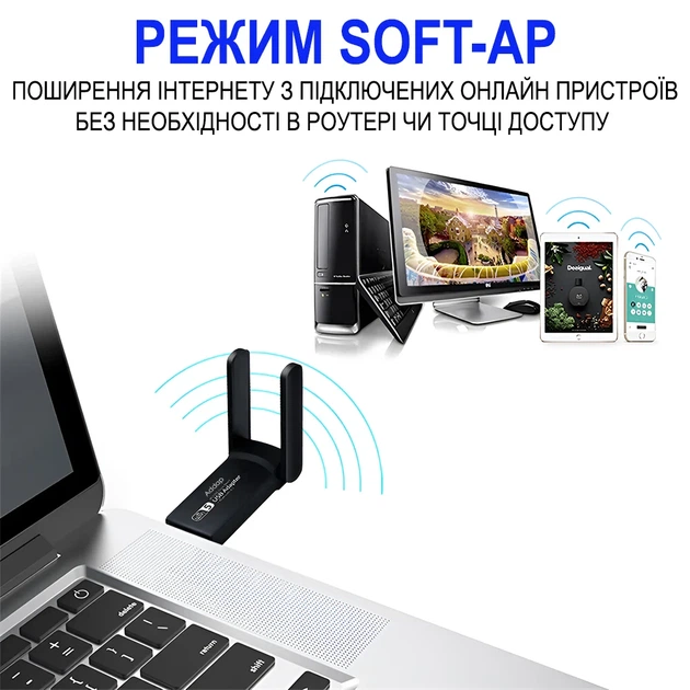 Двохдіапазонний USB Wi-Fi + Bluetooth адаптер Addap UWA-07 1300 Мбіт/с чорний - зображення 7