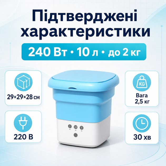 Портативна складна пральна машина Folding Washing Machine 10 л 240 Вт з функцією віджиму, для білизни та делікатних речей, Голуба - зображення 3