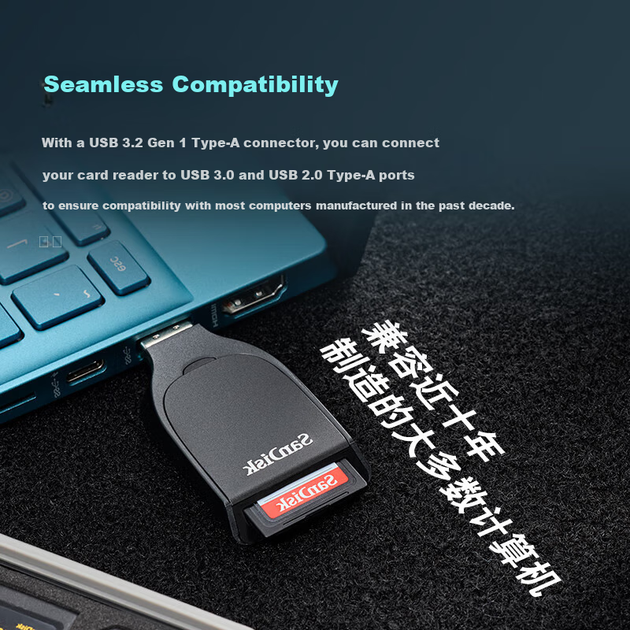 Кардридер SanDisk USB3.2 High-Speed для чтения карт памяти SD, совместимый с беззеркальными и зеркальными цифровыми фотоаппаратами/видеокамерами. - Фото 6 Кардридер SanDisk USB3.2 High-Speed для чтения карт памяти SD, совместимый с беззеркальными и зеркальными цифровыми фотоаппаратами/видеокамерами. - изображение 6