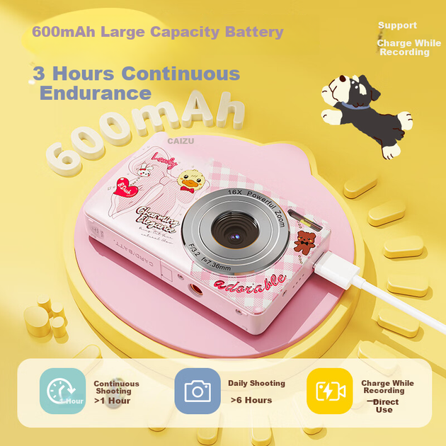 CAIZU Little Yellow Duck - цифрова камера 16MP Z15, компактна камера початкового рівня для студентів та студенток, альтернатива CCD, може передавати фотографії на смартфон, подарунок на день народження для хлопчиків та дівчаток - изображение 9