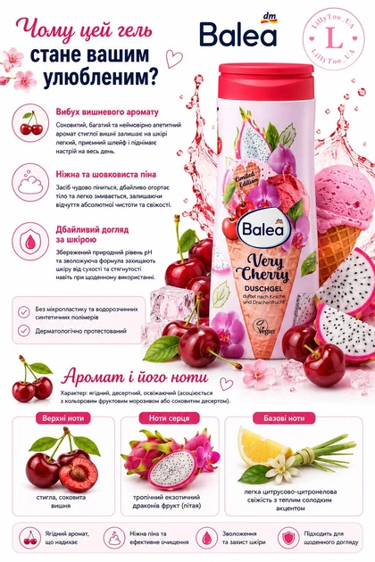 Гель для душу Balea Very Cherry duschgel (аромат кисло-солодкої вишні та фруктів дракона) 300 ml - зображення 4