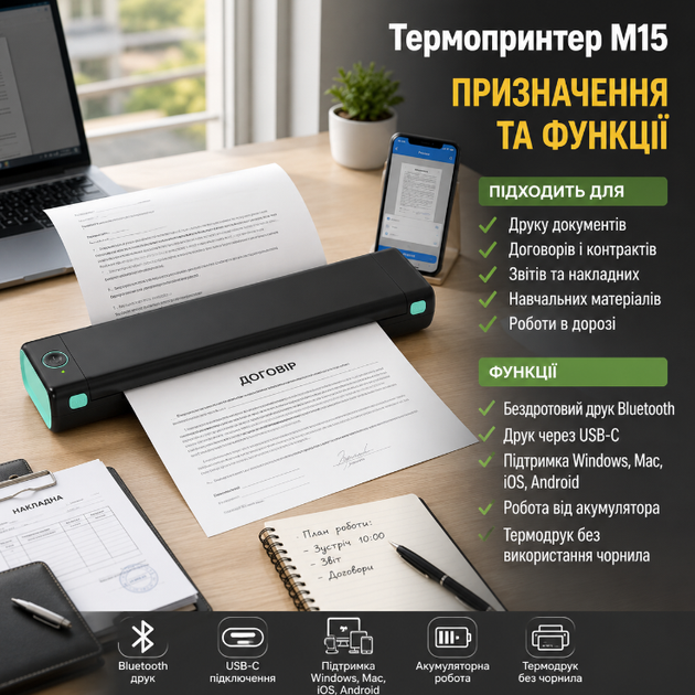 Термопринтер M15 портативный A4 аккумуляторный Bluetooth USB C беспроводной для печати документов черный - изображение 2