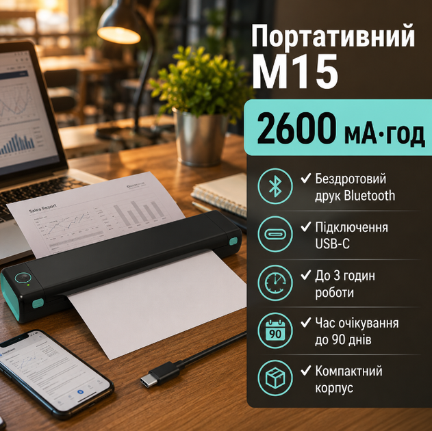 Термопринтер M15 портативный A4 аккумуляторный Bluetooth USB C беспроводной для печати документов черный - изображение 4