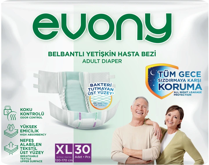 Подгузники взрослые Evony(4) 9капель Extra Large размер 4 (120-170 см), 30 шт 8690536849185 - Фото 1 Подгузники взрослые Evony(4) 9капель Extra Large размер 4 (120-170 см), 30 шт 8690536849185 - изображение 1