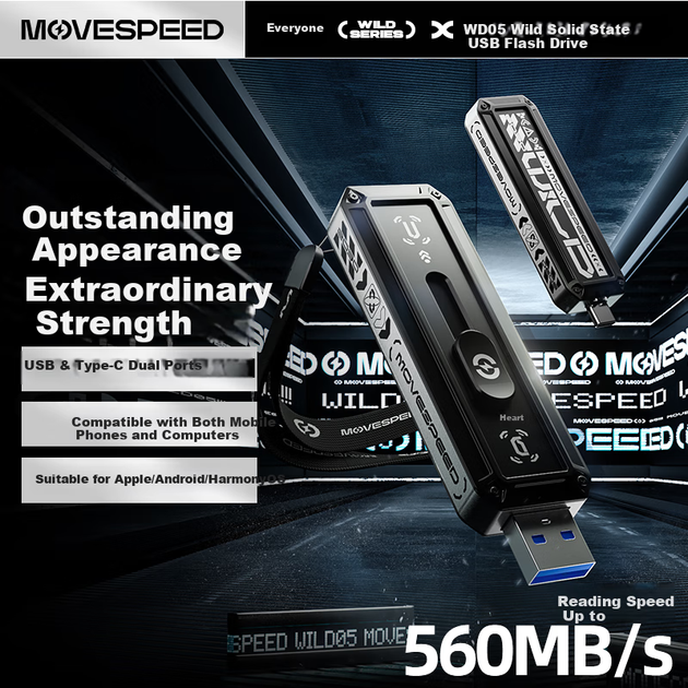 Флеш-накопитель MOVE SPEED 256 ГБ с двойным интерфейсом USB 3.2/Type-C, высокоскоростной накопитель для мобильных телефонов, портативный твердотельный накопитель большой емкости, скорость чтения 560 МБ/с Wild05 - изображение 4