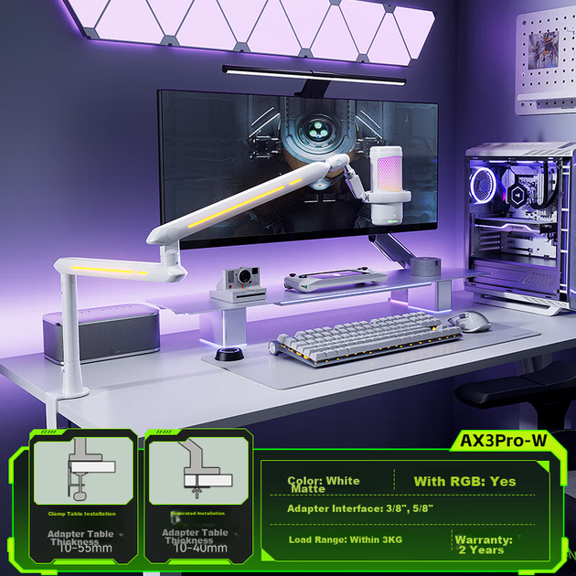 Стойка HUMANEX для микрофона настольная с пантографом и RGB-подсветкой, до 3 кг, белая - изображение 3