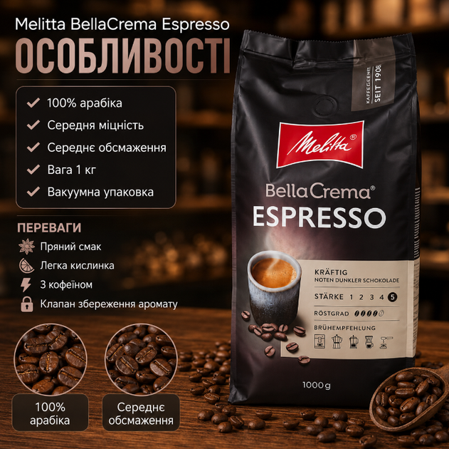 Кава в зернах Melitta BellaCrema Espresso 1 кг арабіка середнє обсмаження з пряним смаком та легкою кислинкою для кавомашини - Фото 3 Кава в зернах Melitta BellaCrema Espresso 1 кг арабіка середнє обсмаження з пряним смаком та легкою кислинкою для кавомашини - зображення 3