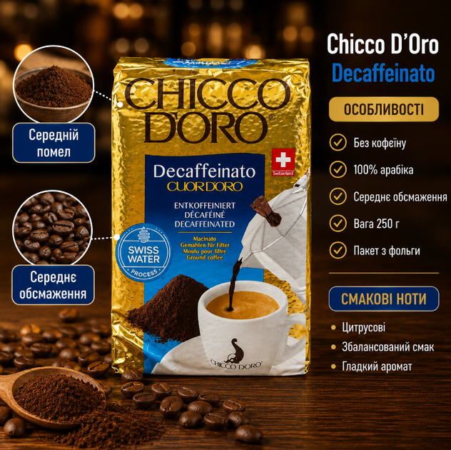 Кава мелена Chicco d'Oro Decaffeinato 250 г 100% арабіка без кофеїну середнє обсмаження - Фото 4 Кава мелена Chicco d'Oro Decaffeinato 250 г 100% арабіка без кофеїну середнє обсмаження - зображення 4