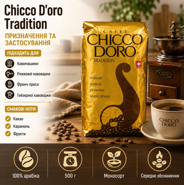 Зерновой кофе Chicco Doro Tradition 500 г моносорт 100 процентов арабика средней обжарки с нотами какао карамели и фруктов - Фото 2 Зерновой кофе Chicco Doro Tradition 500 г моносорт 100 процентов арабика средней обжарки с нотами какао карамели и фруктов - изображение 2