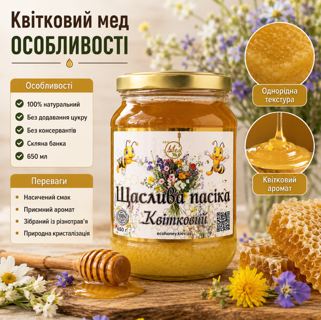 Натуральный цветочный мед 650 мл украинский пчелиный по сбору разнотравья в стеклянной банке - изображение 2