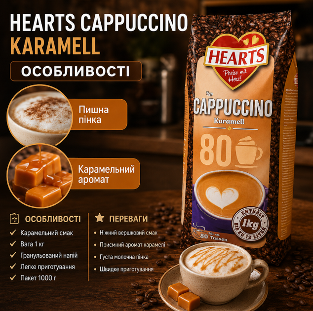 Розчинний капучино Hearts Cappuccino Karamell 1 кг зі смаком карамелі у пакеті - зображення 2