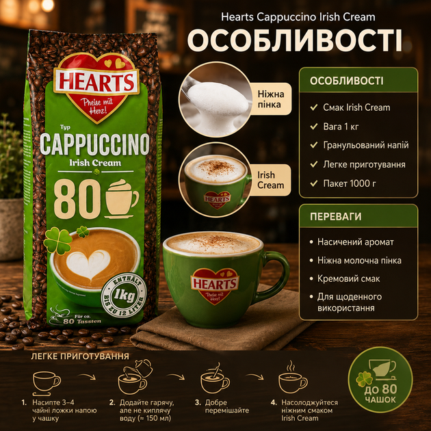 Капучино Hearts Cappuccino Irish Cream 1 кг швидкорозчинний кавовий напій зі смаком Айріш Крем - зображення 2