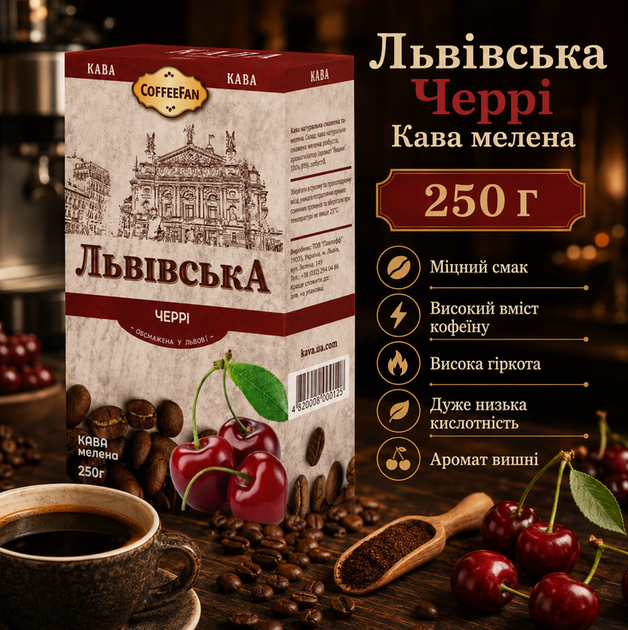 Кава мелена Львівська Черрі 250 г ароматизована робуста дрібний помел середнє обсмаження аромат вишні - Фото 1 Кава мелена Львівська Черрі 250 г ароматизована робуста дрібний помел середнє обсмаження аромат вишні - зображення 1
